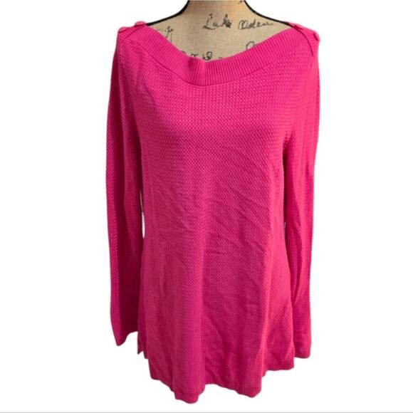 TALBOTS Pink Waffle BASKET WEAVE SWEATER SOLID Boat Neck Button Size Large - Picture 4 of 7